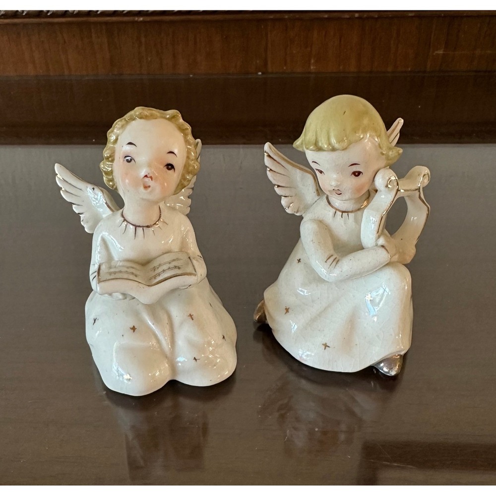 Vintage Ceramic Angel Figurines Set of‎ 2 Japan Mid Century Harp Singing Cherubs